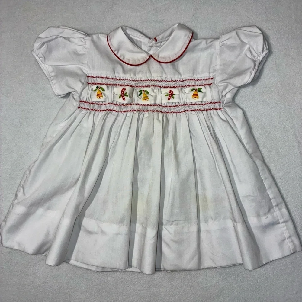 Vtg Imperial Smocked Christmas White & Red Dress Embroidered Ribbon Sz 2